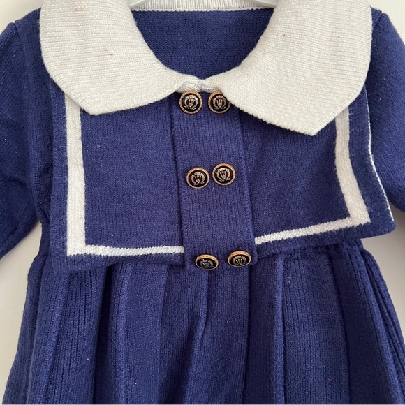 Babygirl Navy Sailor Dress Long Sleeve Nautical Knit Pleated Dress - Picture 2 of 12